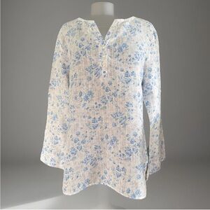 LL Bean Blue & White Floral Jacquard 100% Linen Long Sleeve Henley V Neck Sz Med